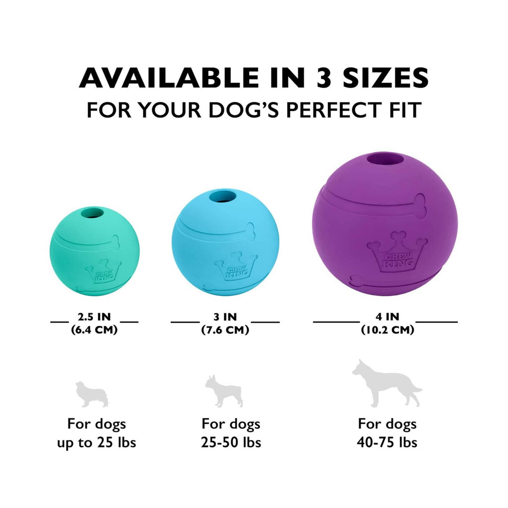 Round fetch balls in teal, blue, and purple, each with a center air hole