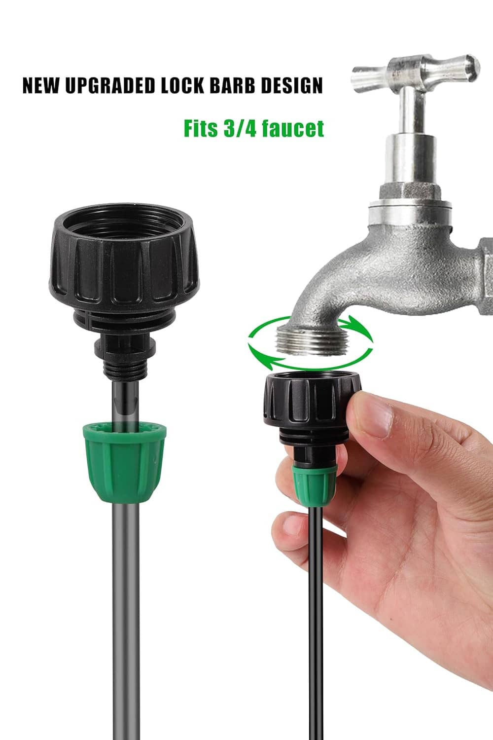 Lock-barb hose adapter with metal valve and black/green connector ends, held by hand