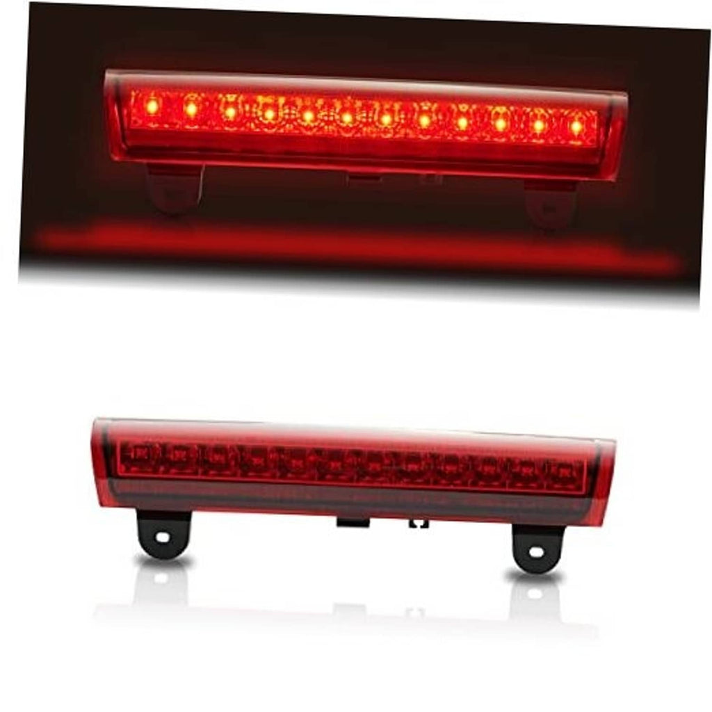 LED high mount third brake light with red lens, illuminated.
