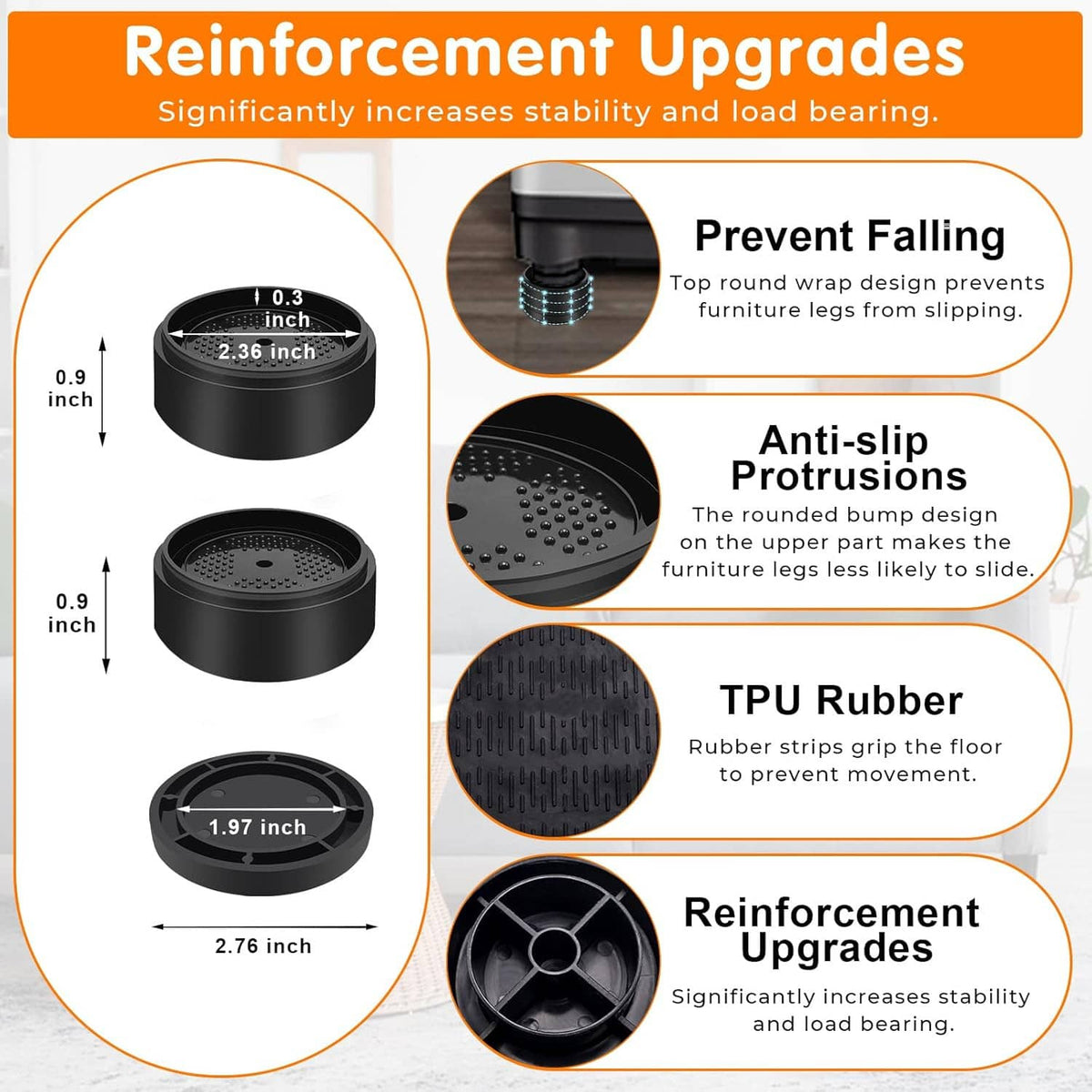 Round stackable furniture risers highlighting reinforcement, anti-slip pads, and TPU rubber