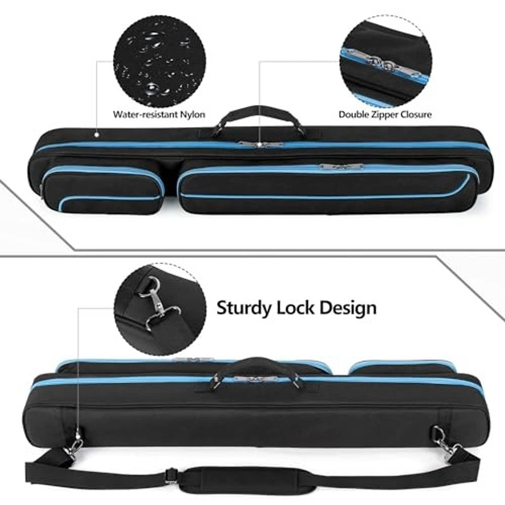Blue and black pool cue case with water-resistant nylon, double zipper, and lock straps