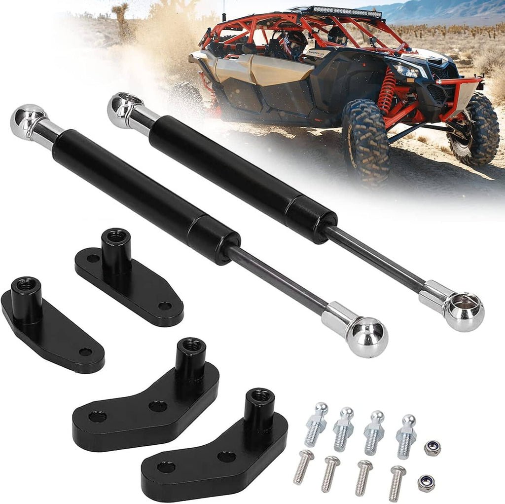 Mounted door strut with black shock absorber and chrome ball ends under door