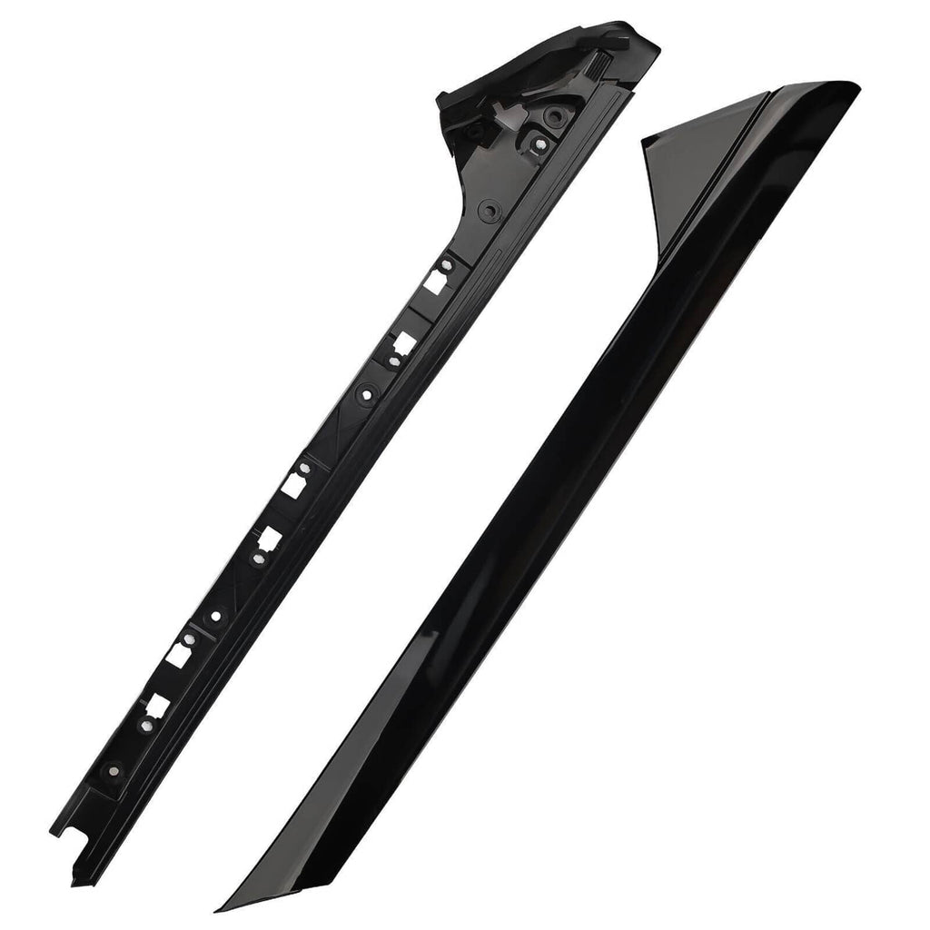 Windshield pillar molding trim, black long panel with mounting holes and bracket tabs