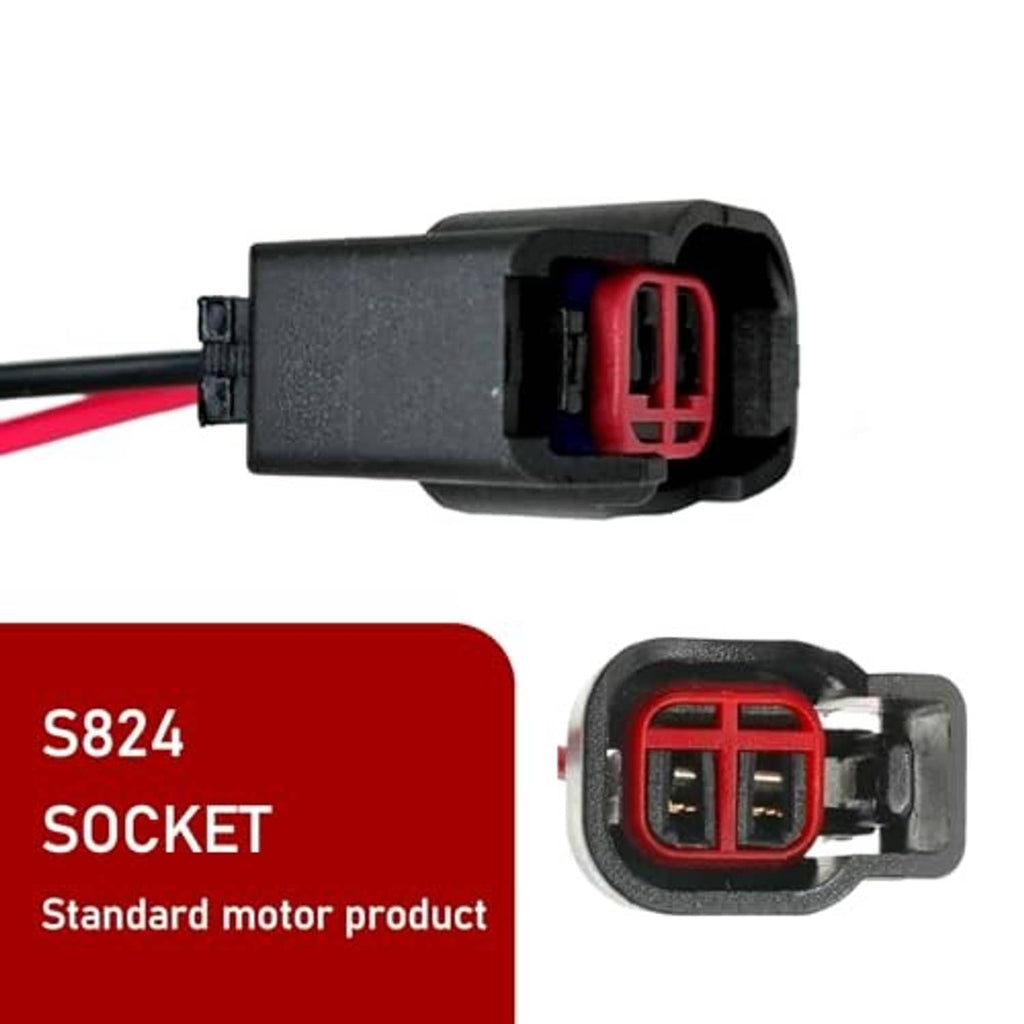 Car injector connector plug with black housing and red dual ports, side view