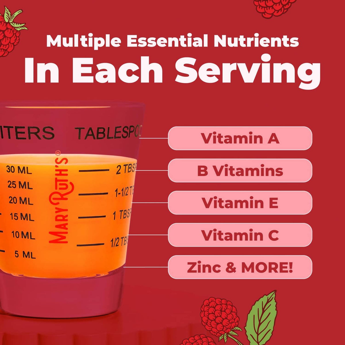 MARYRUTH'S liquid multivitamin jar with vitamins A, B, C, E and zinc chart