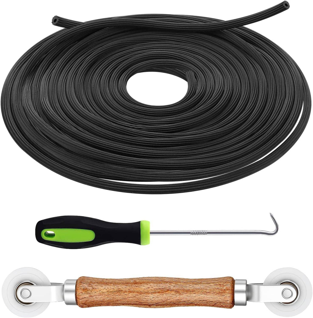 Screen repair kit with black spline coil, green hook tool, and wood-handled screen roller