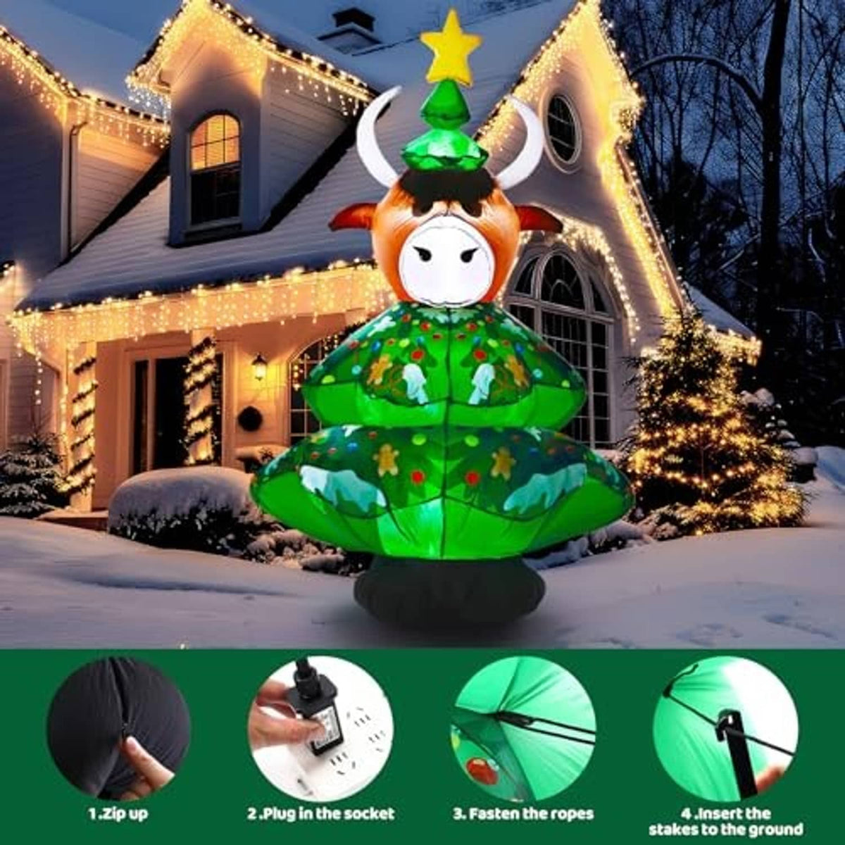 Inflatable highland cow in green Christmas tree dress with star top and warm string lights