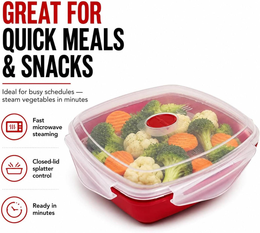 Vented microwave steamer shown closed with colorful vegetables inside under clear lid
