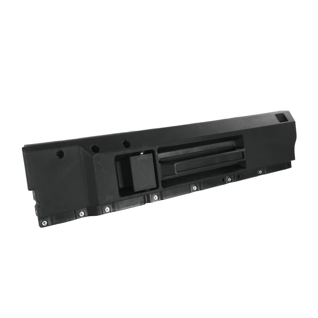 Black interior door handle trim with rectangular button and mounting slot features