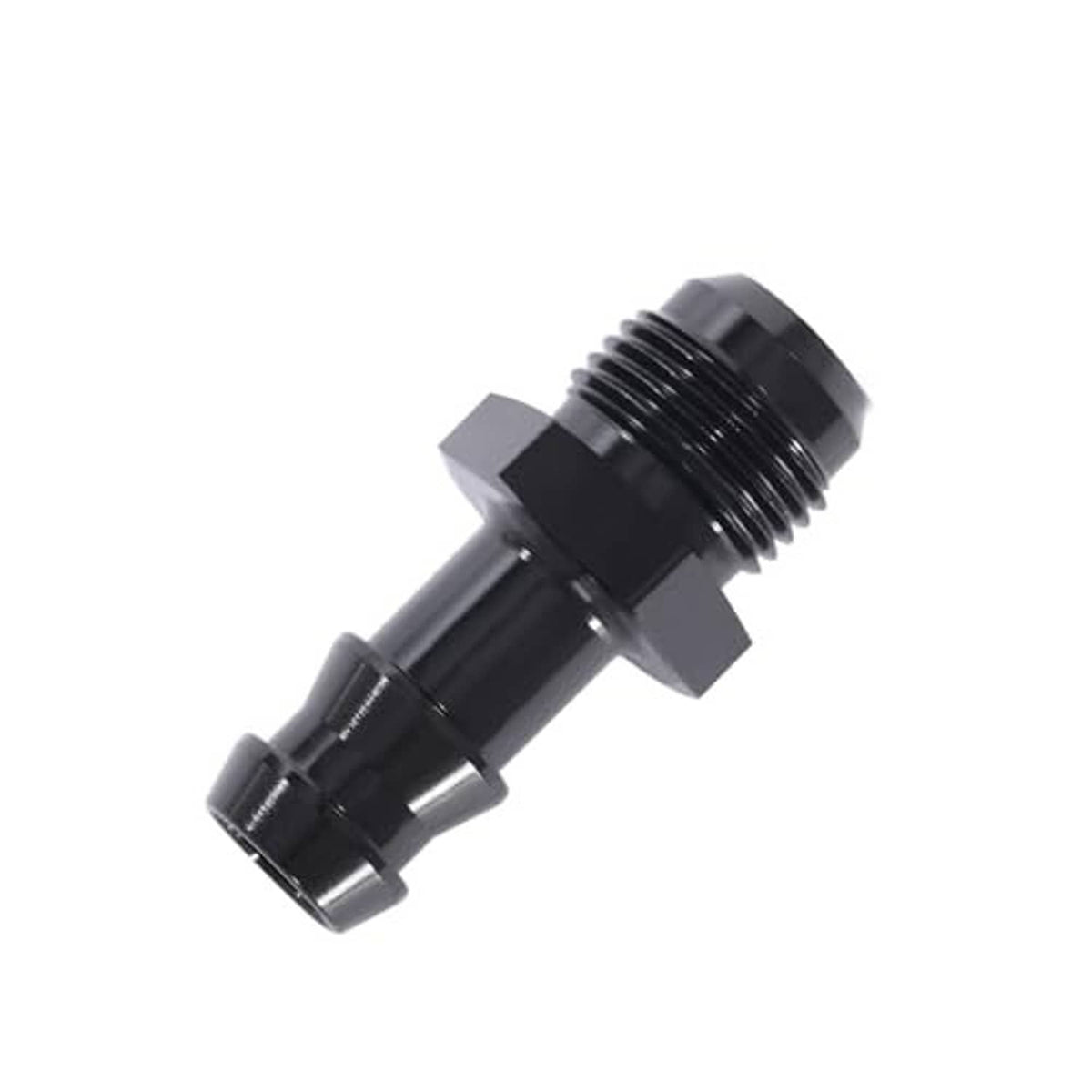 Black AN to 5/8" hose barb straight fitting adapter with angled perspective