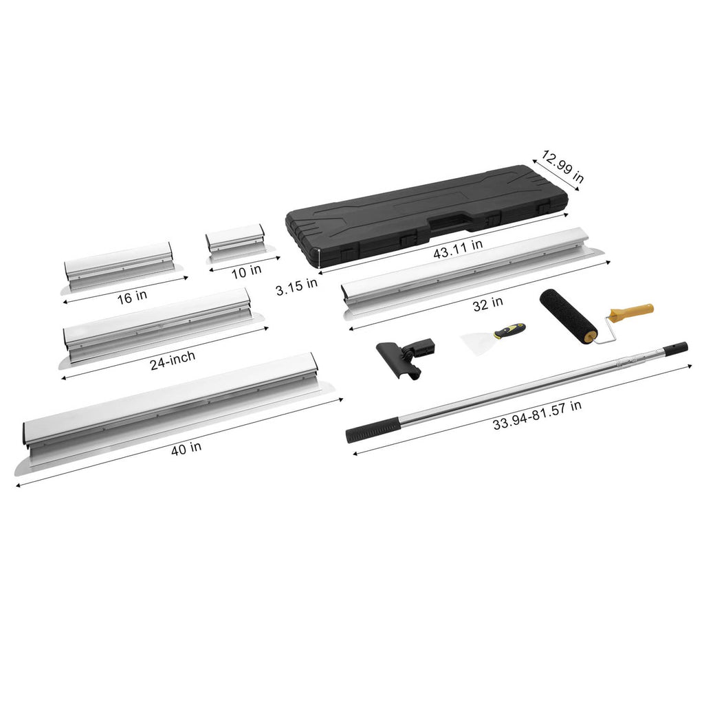 Drywall scraper blade set with four white blades, black case, and extension handle