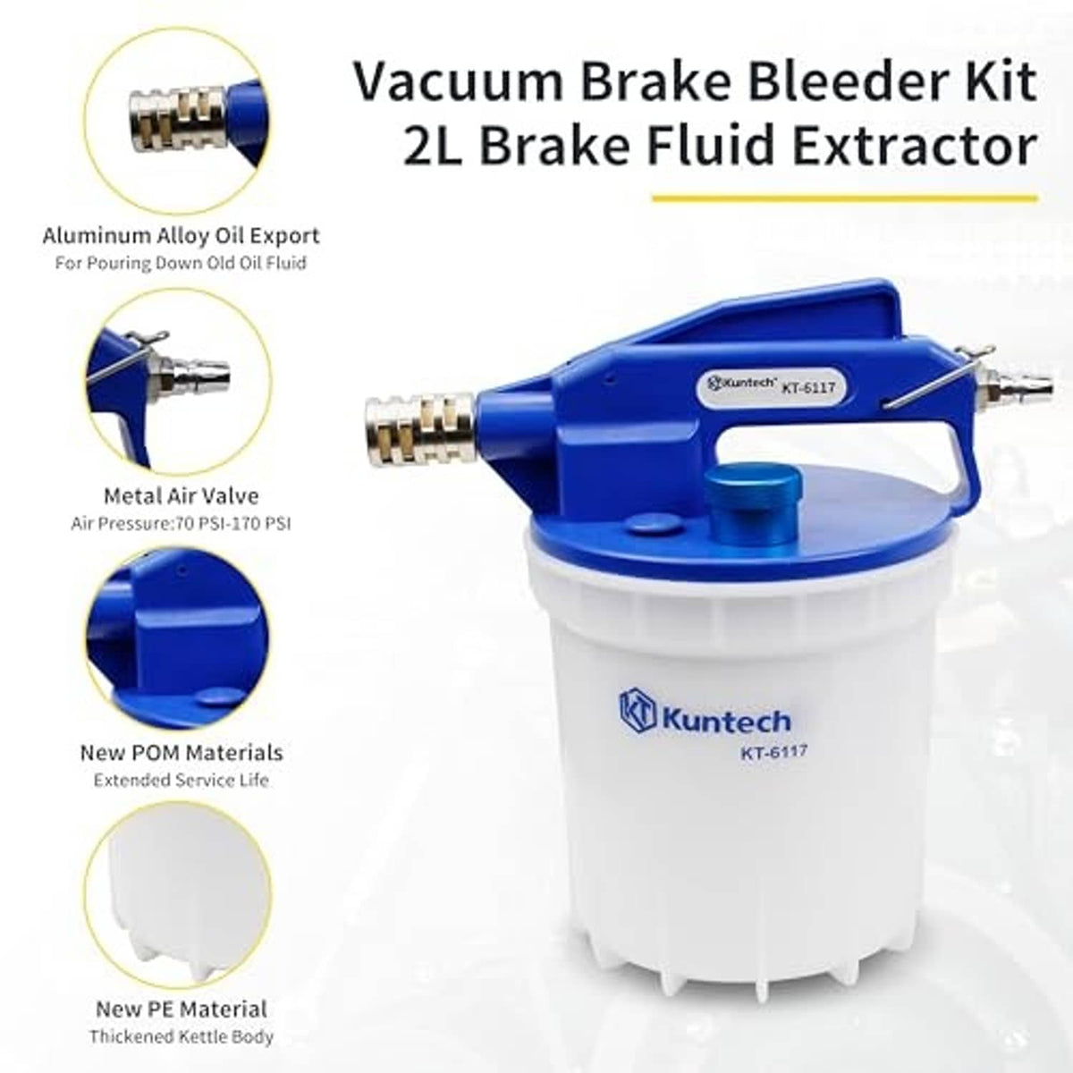 Blue vacuum brake bleeder pump on white reservoir with brass coupler and molded base