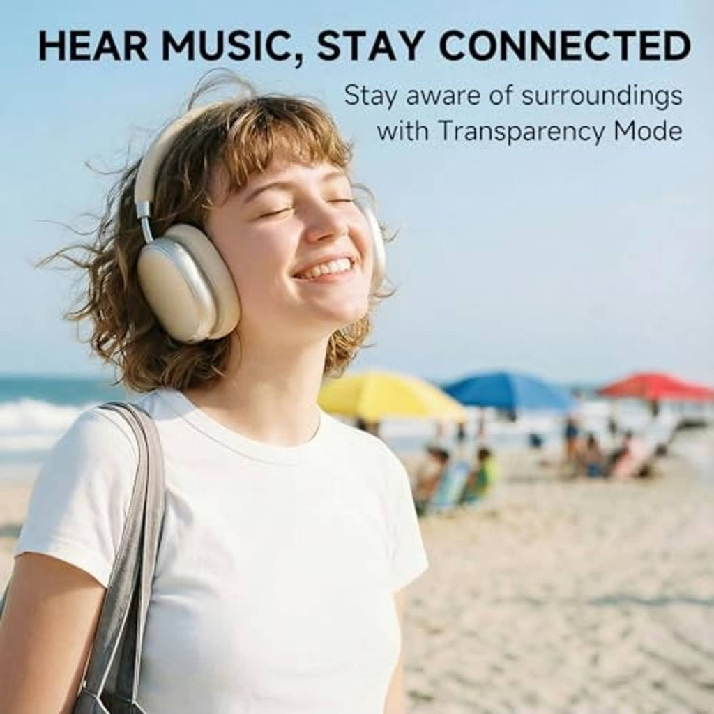 Woman wearing NC95 starlight over-ear ANC headphones, metal headband and cushioned earcups