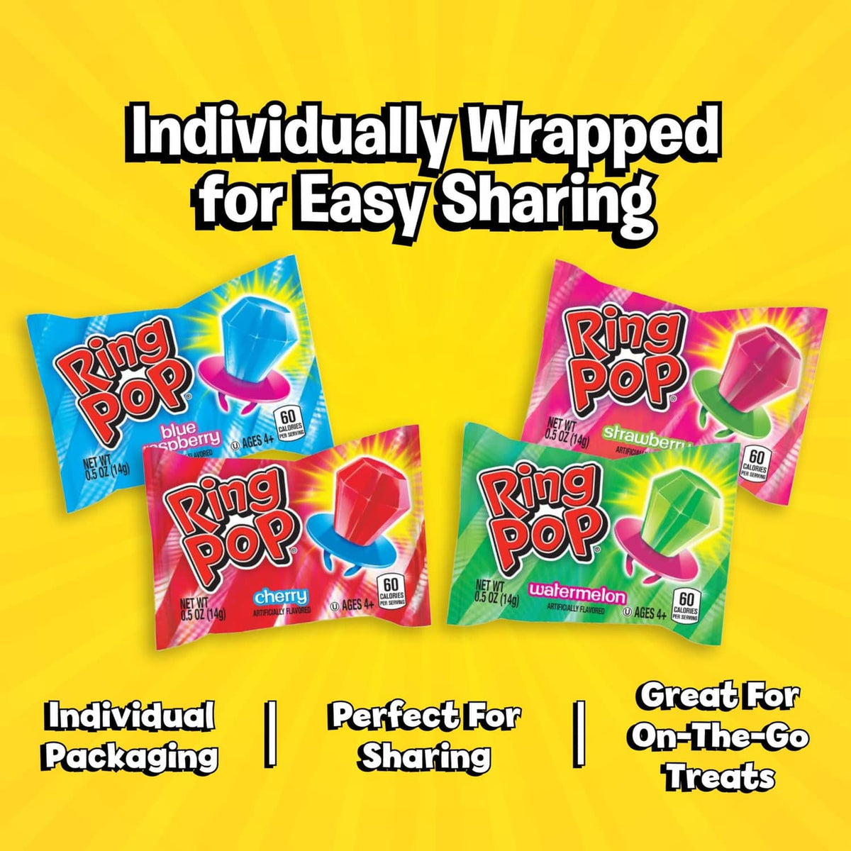 Assorted Ring Pop lollipops in individually wrapped packs for easy sharing