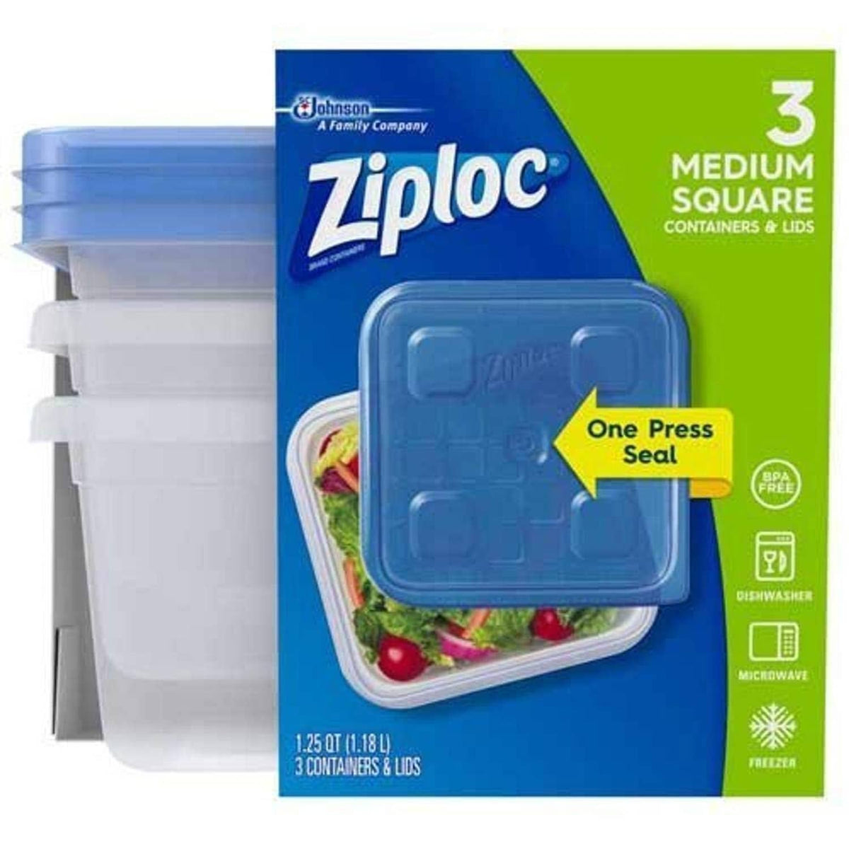 Ziploc medium square plastic food container with lid, clear, One Press Seal
