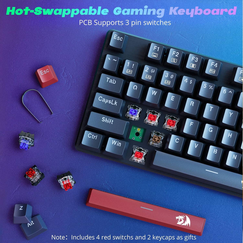 Mechanical gaming keyboard with hot-swappable switch layout and visible switches.