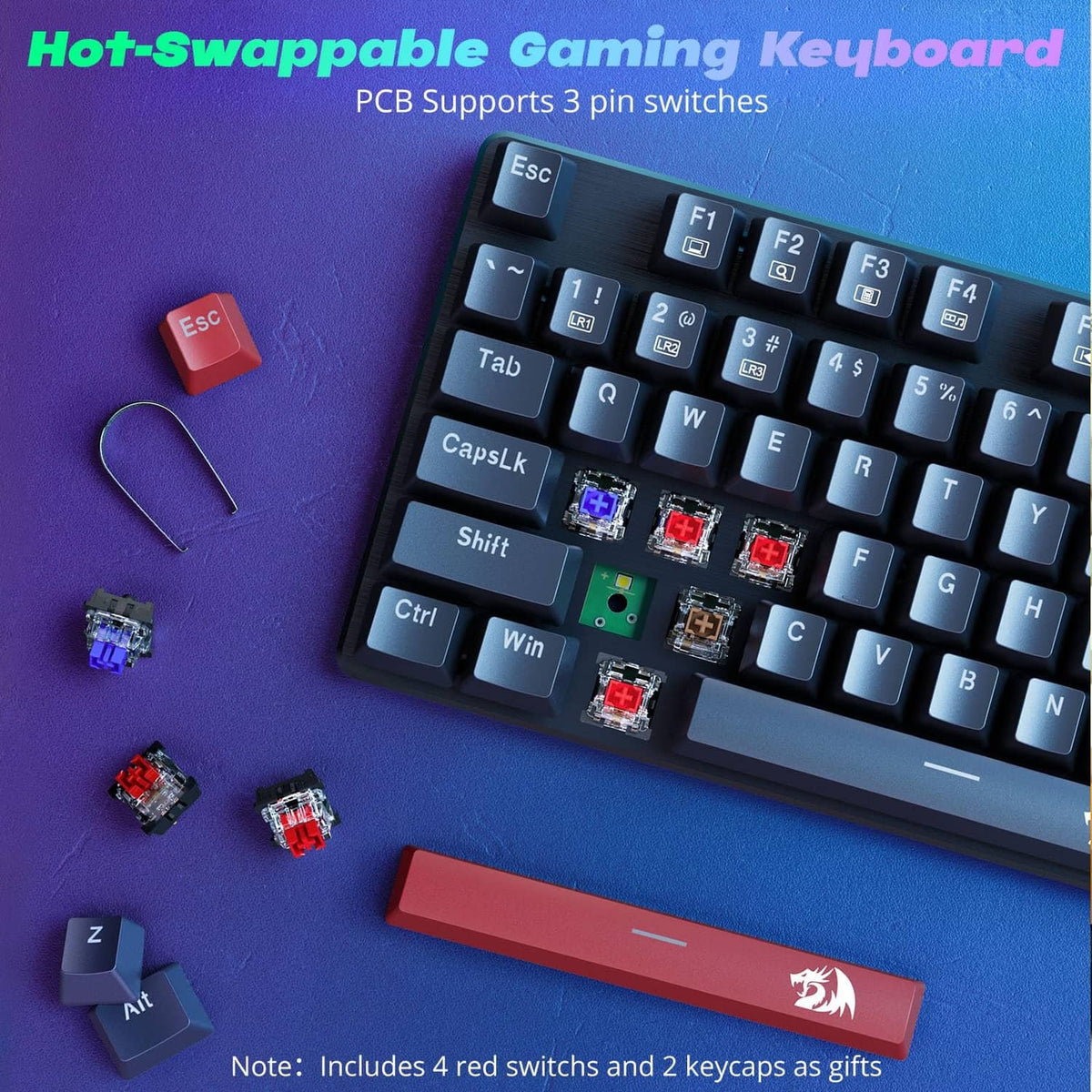 Mechanical gaming keyboard with hot-swappable switch layout and visible switches.