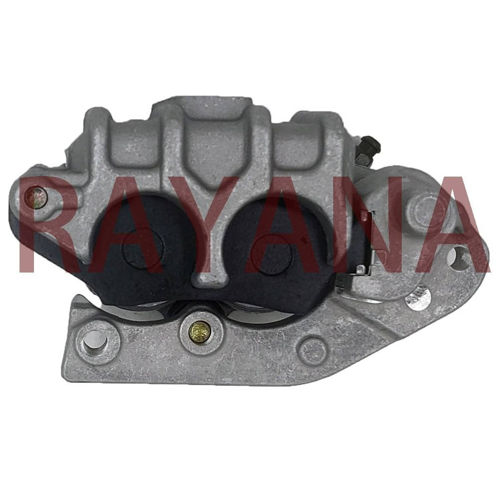 Front brake caliper, dark gray metal with bracket ears and black hose fitting