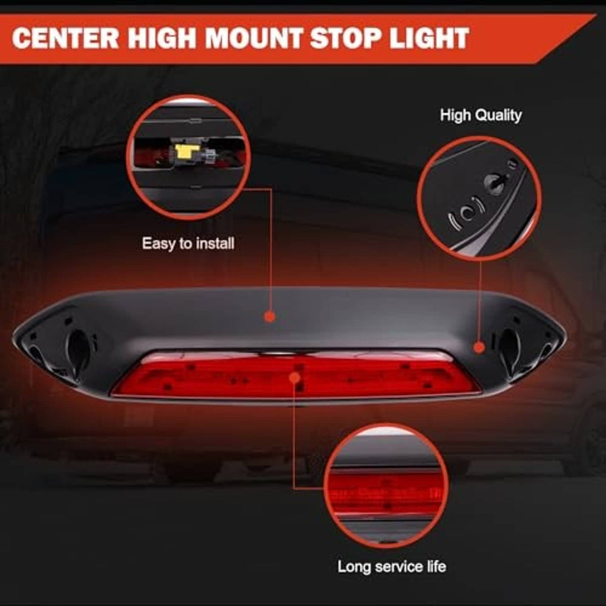 Center high mount stop light with red lens, black bezel, and highlighted installation points