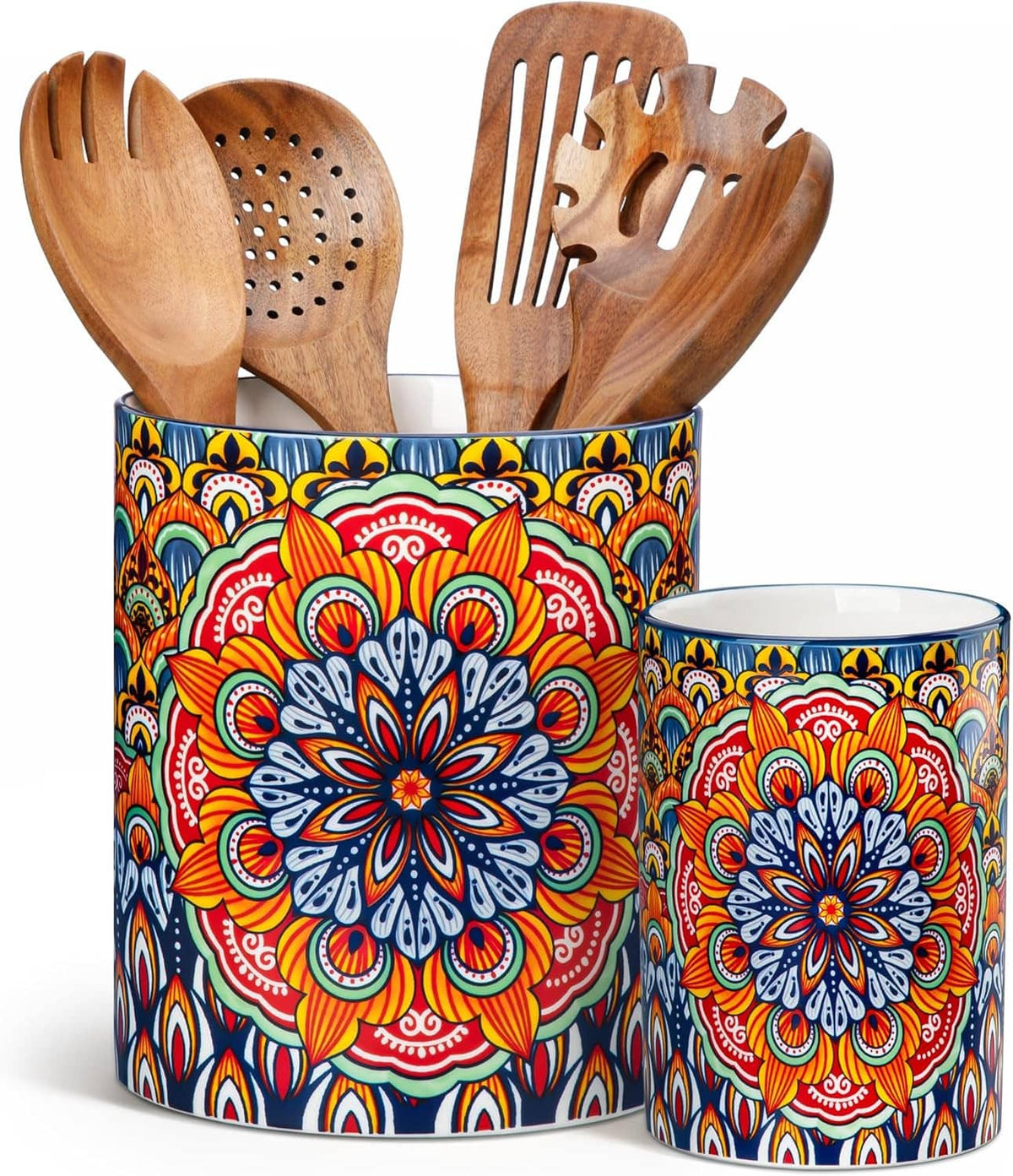 Porcelain countertop utensil holder with floral tile design, holding wooden kitchen tools