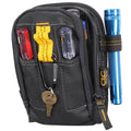 Black multi-purpose tool carry-all pouch with yellow tool loop and zip pocket