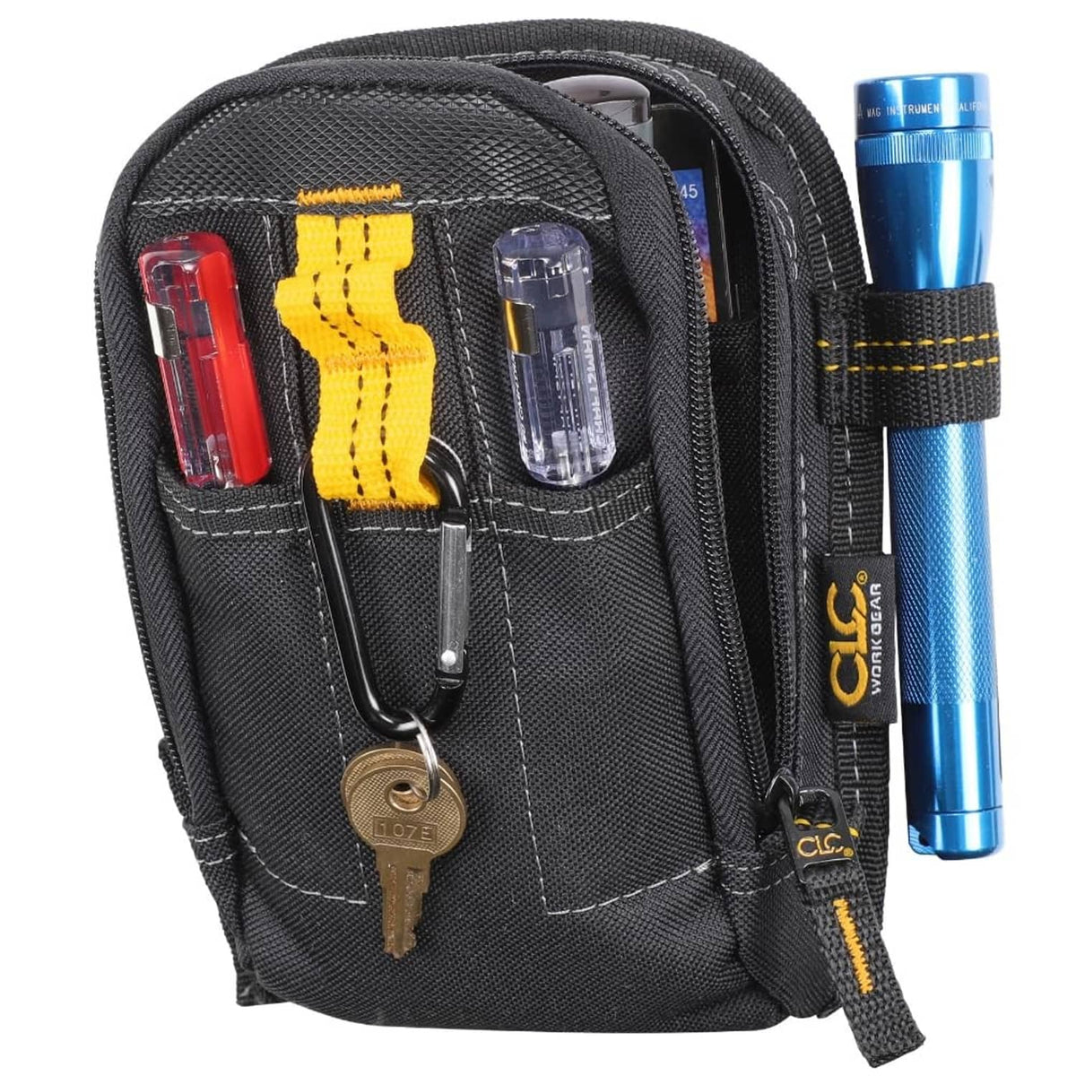 Black multi-purpose tool carry-all pouch with yellow tool loop and zip pocket