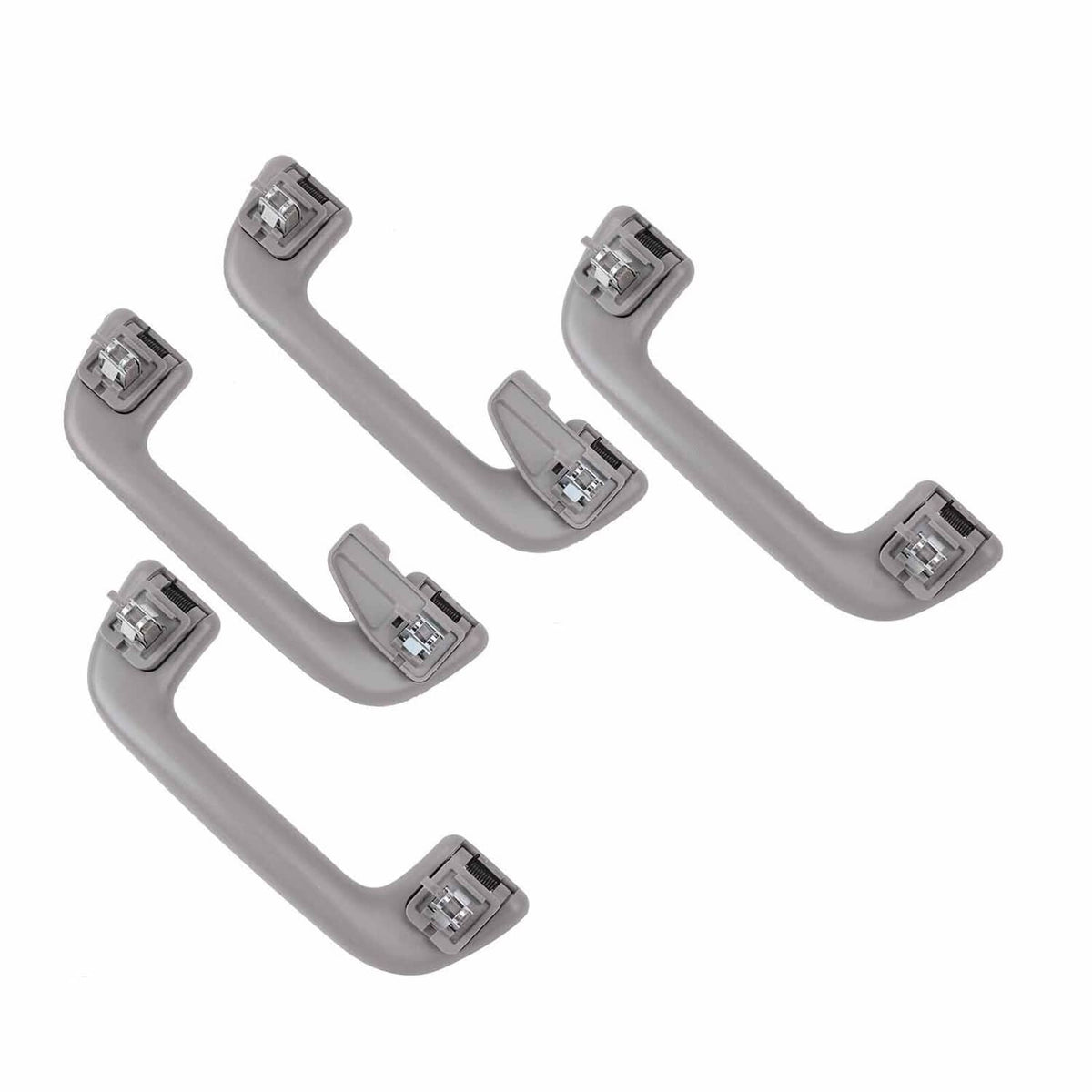 Set of gray interior roof grab handles with metal mounting brackets
