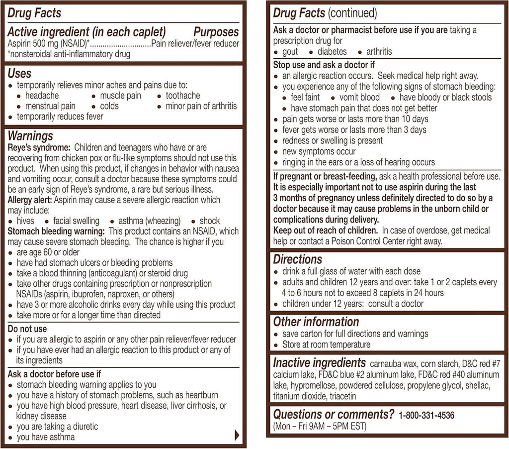 Bayer Extra Strength Aspirin Drug Facts label panel with directions and warnings