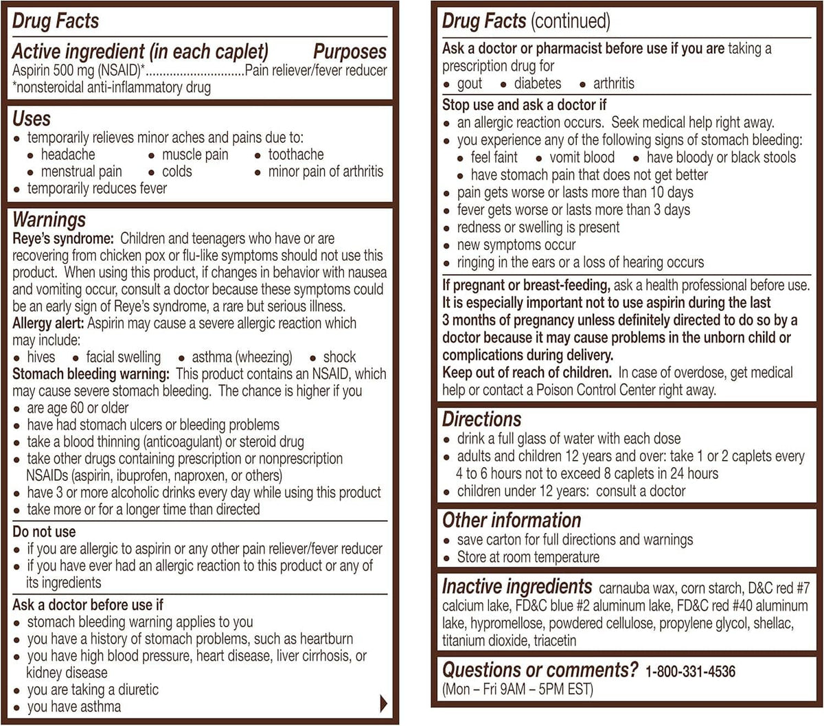 Bayer Extra Strength Aspirin Drug Facts label panel with directions and warnings