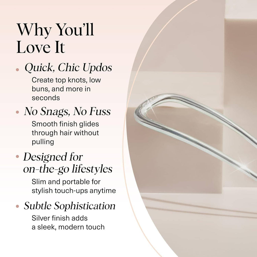 Silver metal French hair pin shown on a retail card