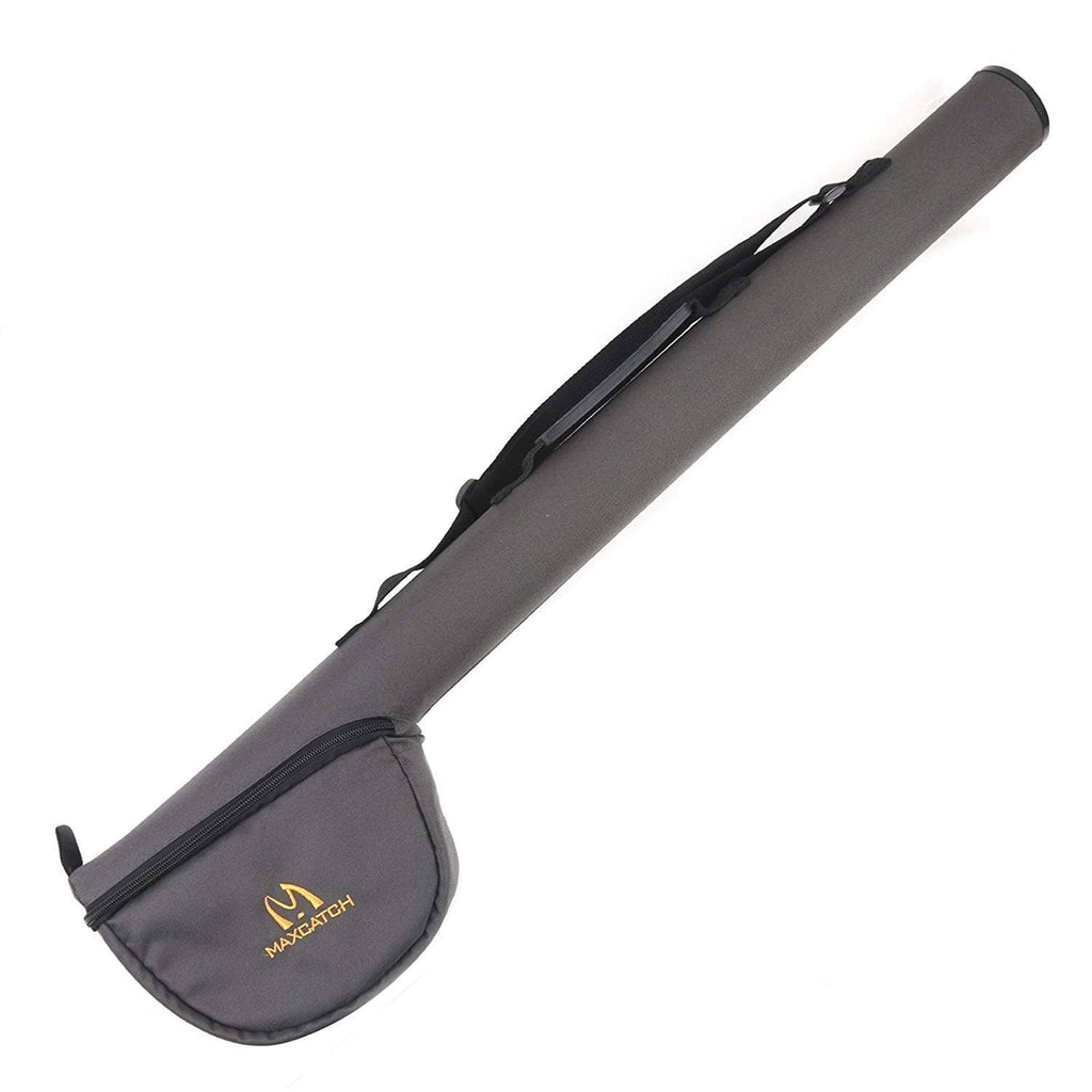 Grey soft fly rod and reel case with carry strap and zippered pocket