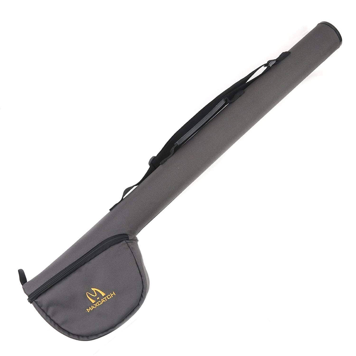 Grey soft fly rod and reel case with carry strap and zippered pocket