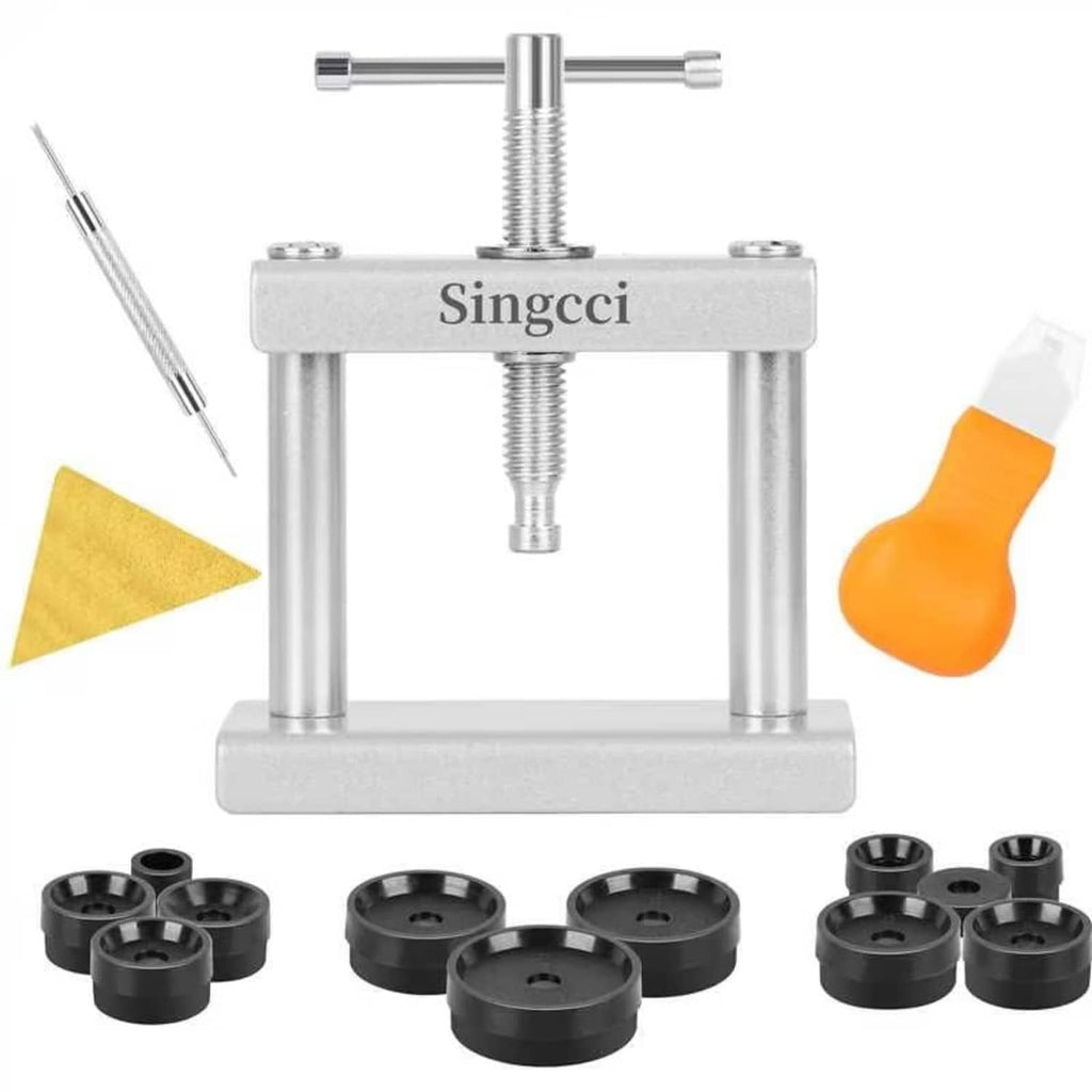 Adjustable watch back case press tool with multiple black molds and screwdriver handles