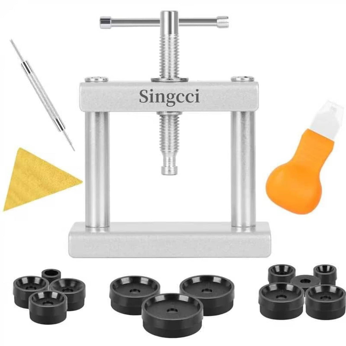 Adjustable watch back case press tool with multiple black molds and screwdriver handles