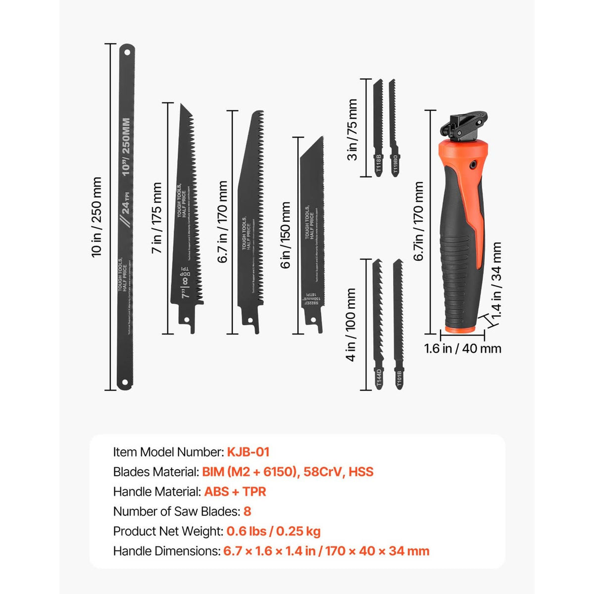 Keyhole saw blade set layout showing multiple blade lengths and orange soft-grip handle