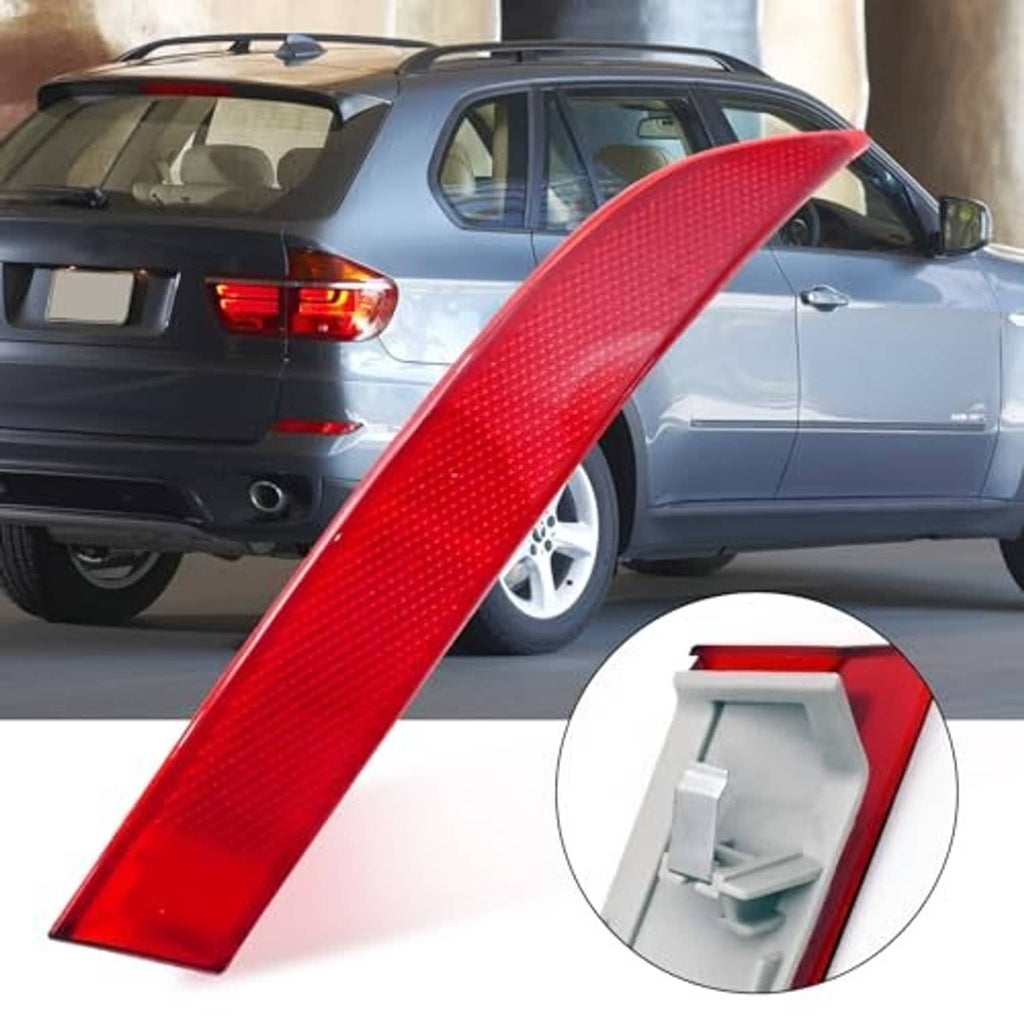 Red rear bumper reflector lens on car rear, with inset showing white mounting bracket