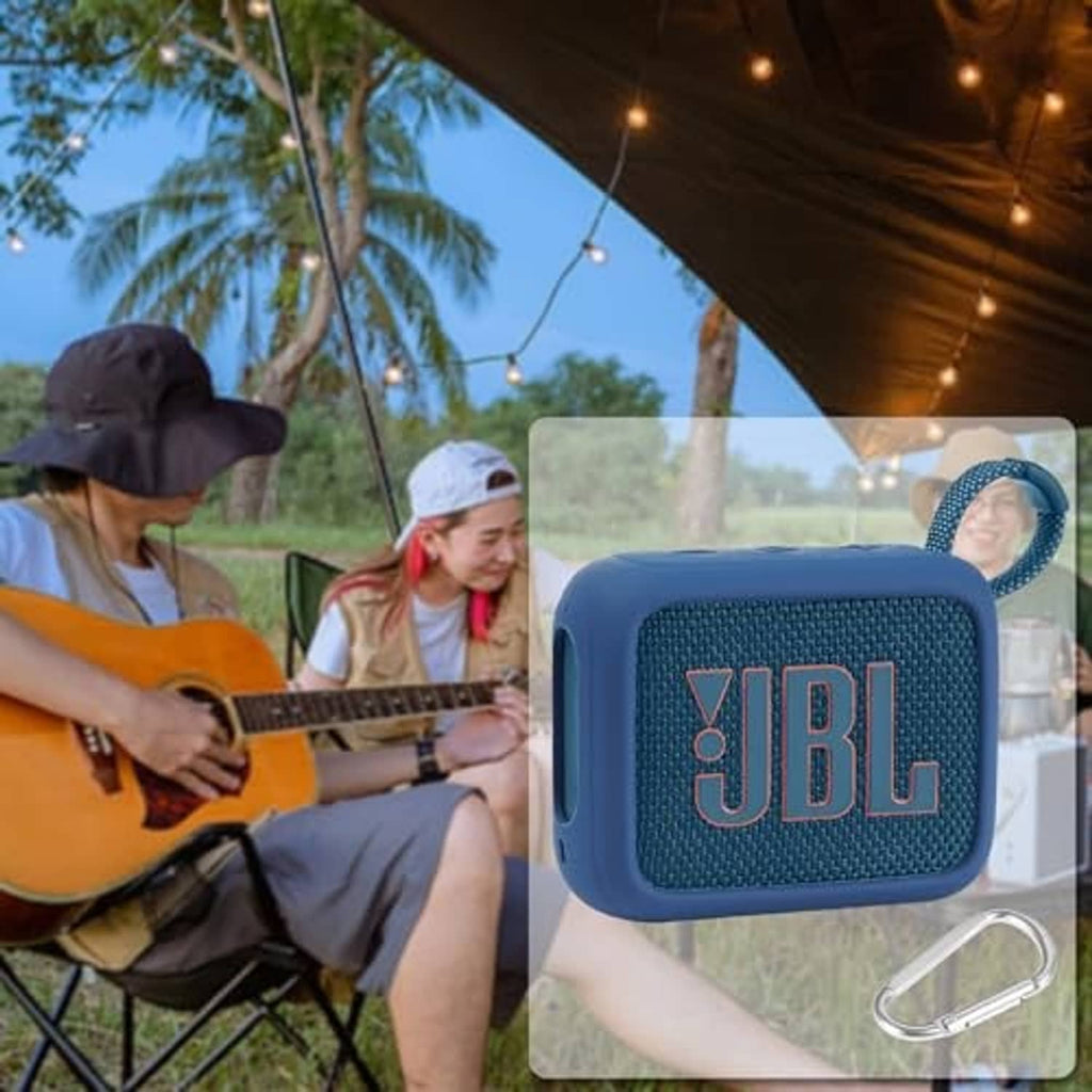 Blue silicone speaker case with JBL logo, strap loop, and carabiner clip