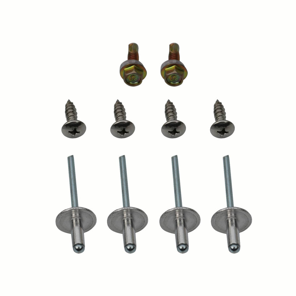 Catalytic converter cat shield mounting hardware: screws, washers, and bolts with colored coating