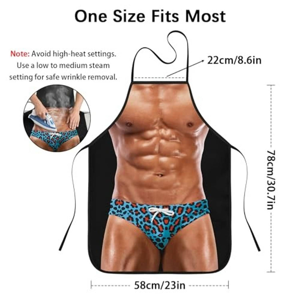 Black apron with printed muscular torso and blue leopard thong, looped neck strap