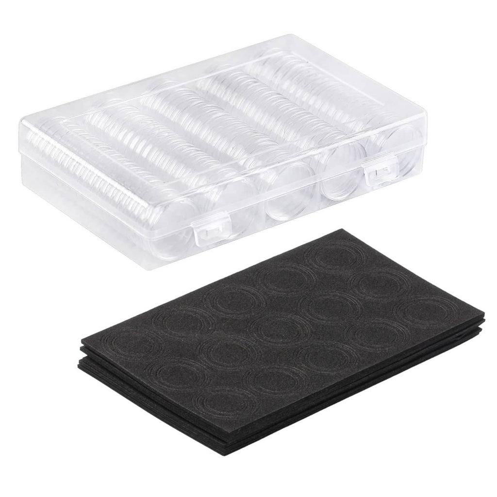 Clear coin capsule storage box with stack of black foam pads