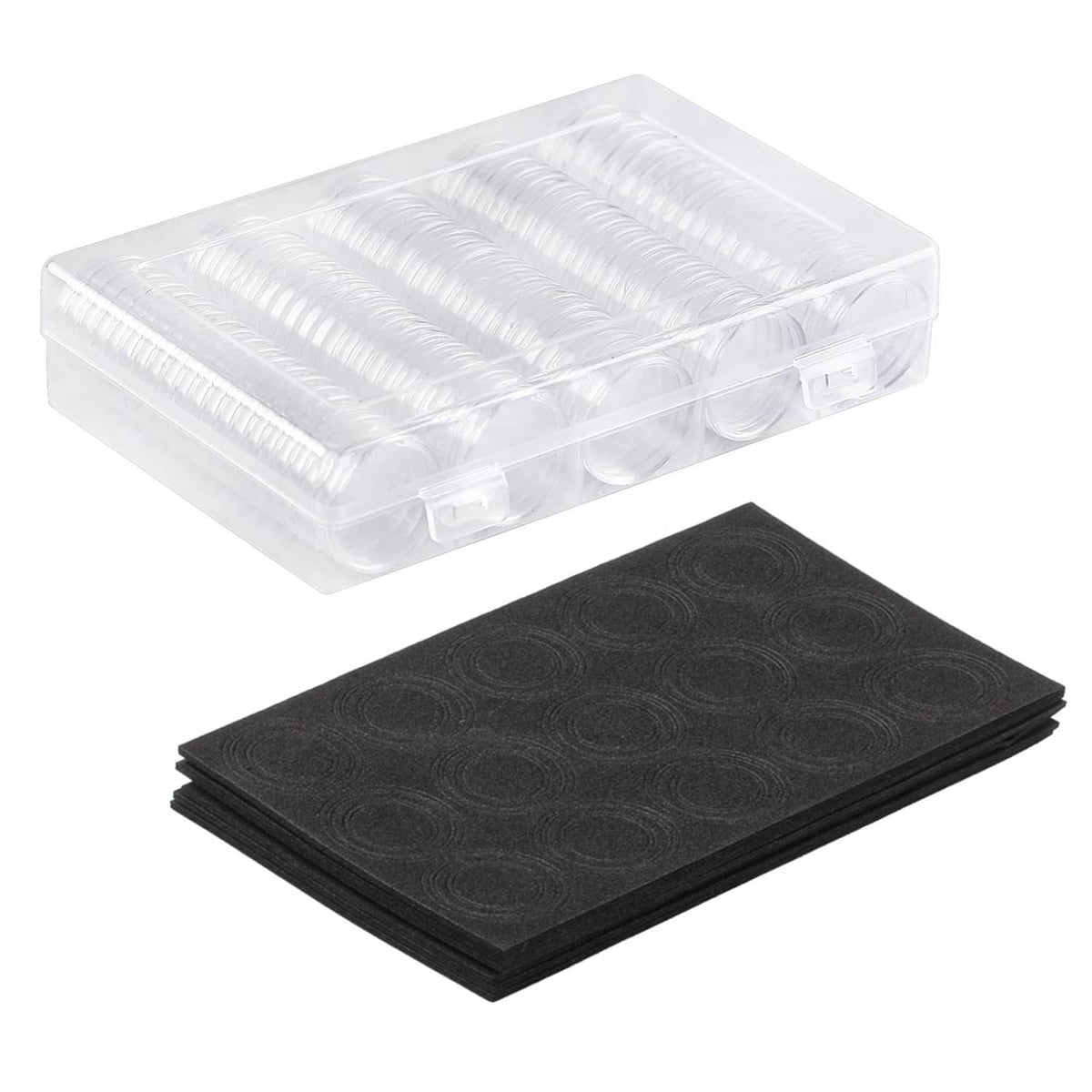 Clear coin capsule storage box with stack of black foam pads