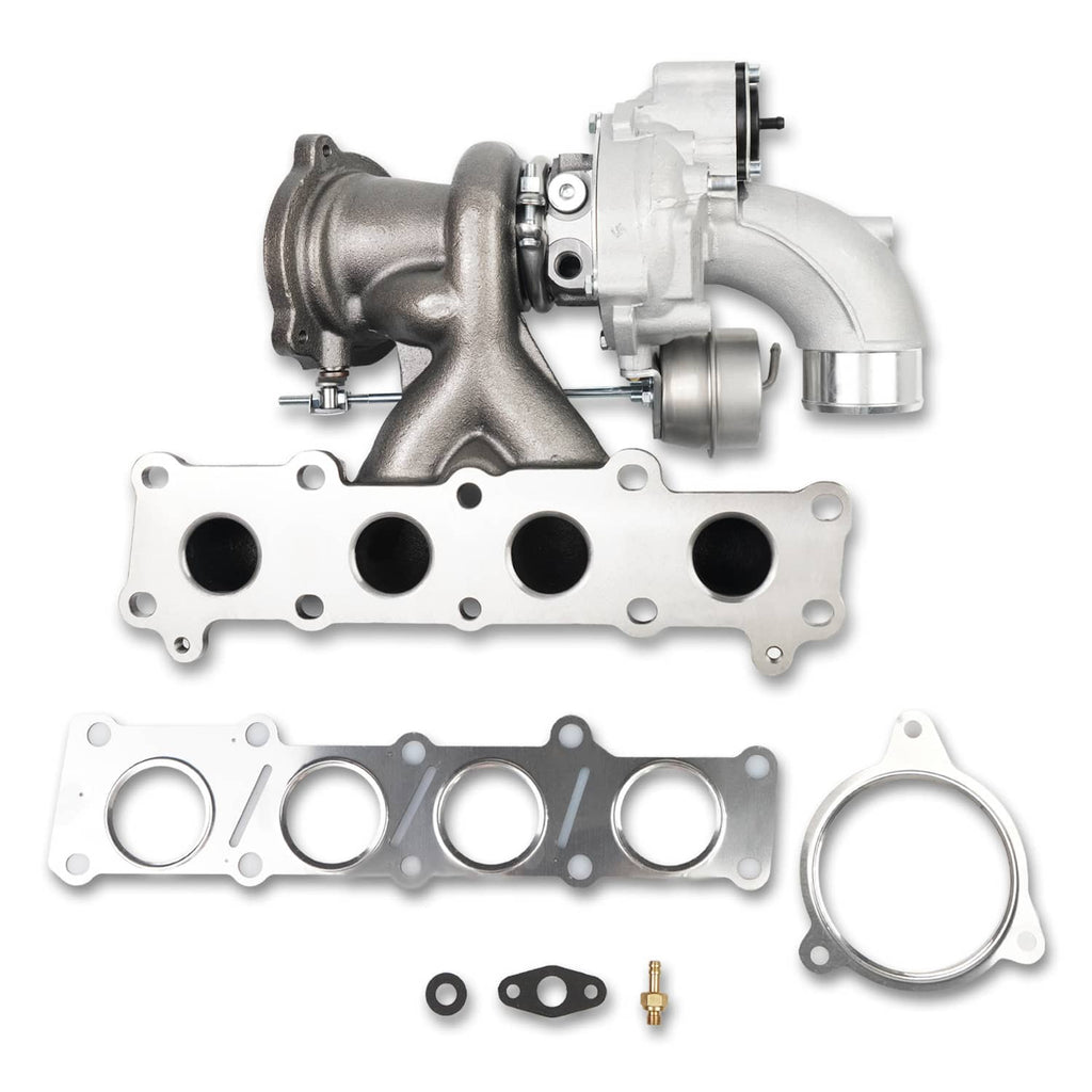 Turbocharger assembly with silver housing and gray exhaust manifold, gasket set