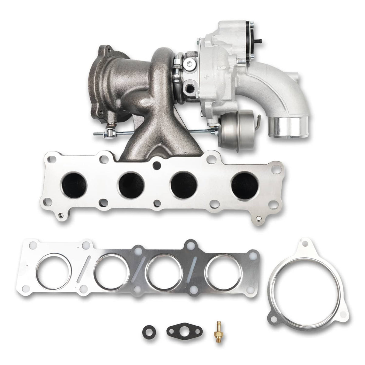 Turbocharger assembly with silver housing and gray exhaust manifold, gasket set