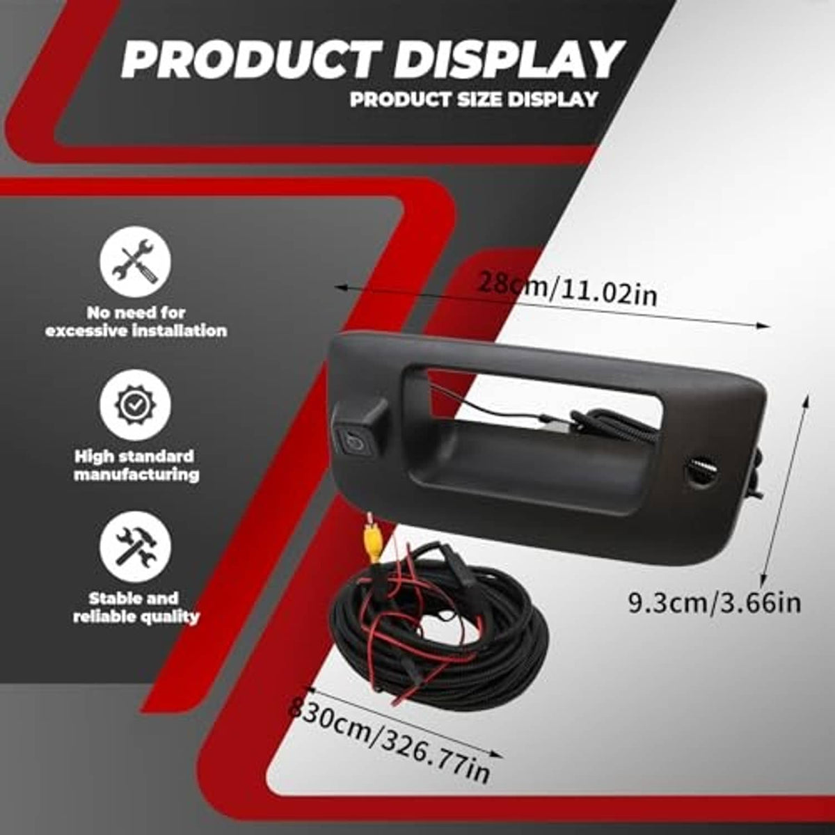 Black tailgate handle backup camera kit with wiring cable bundle