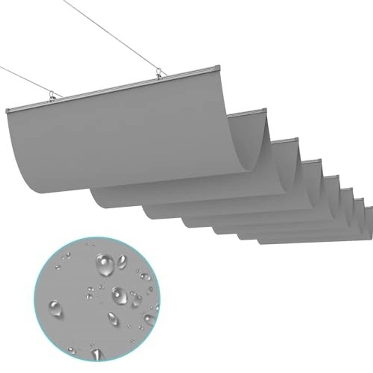 Gray wave-shaped pergola shade canopy panels with water-drop resistant fabric texture