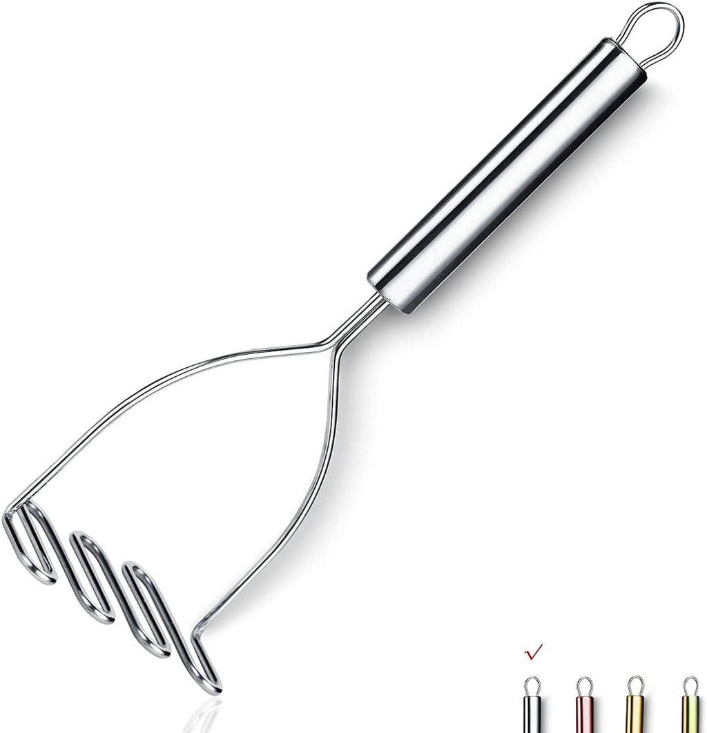 Stainless steel potato masher/ricer with curved mashing plate and prong bars