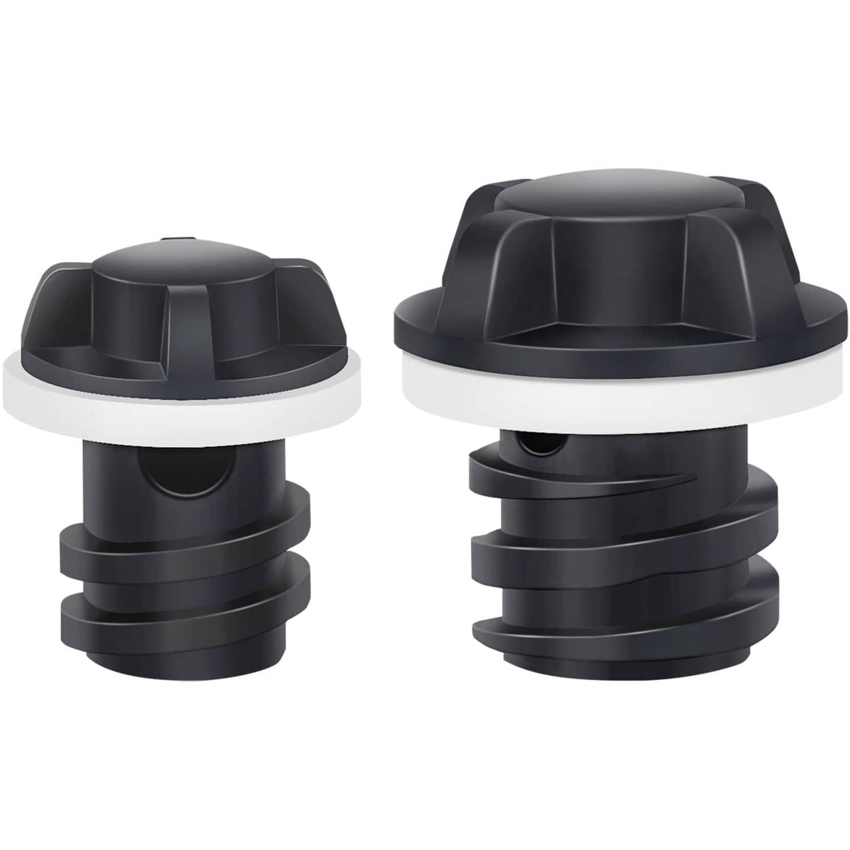 Black cooler drain plug pair, stacked threaded stem with wide base caps