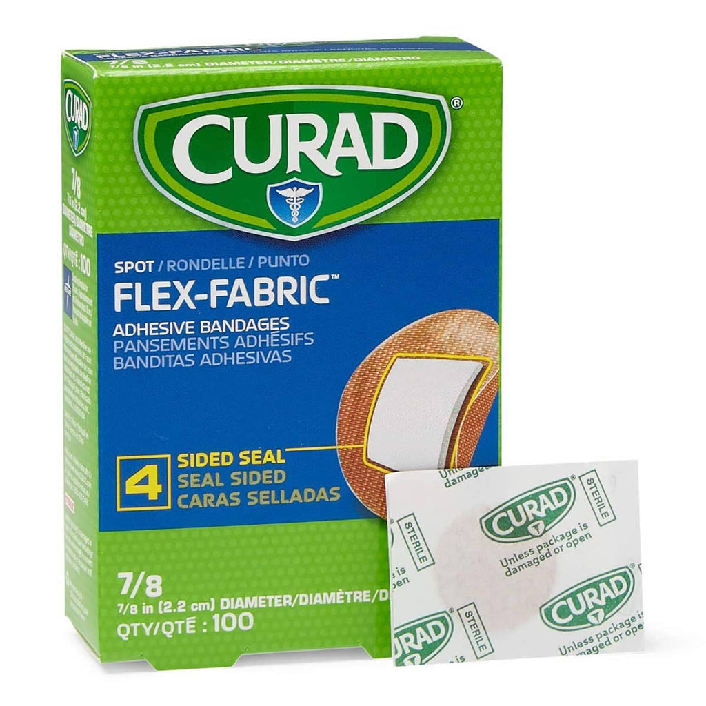 Adhesive fabric spot bandage pack with a wrapped individual bandage pad, 7/8 in