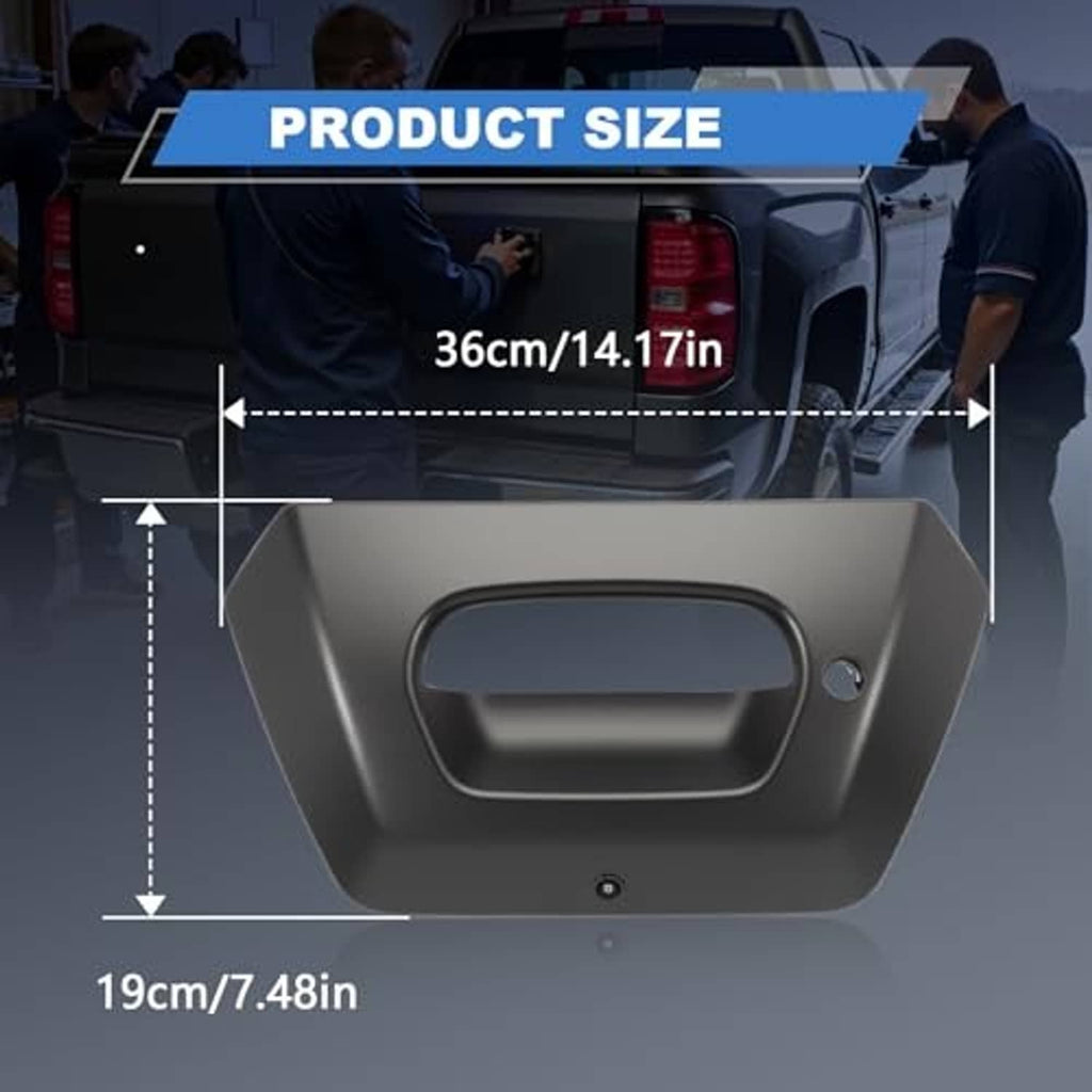 Matte black tailgate handle bezel trim with backup camera, product size view