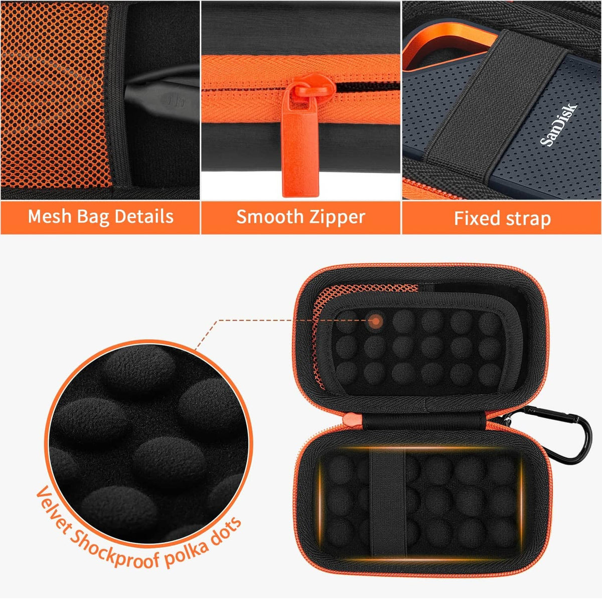 Black hard SSD case with orange zipper, fixed strap, and mesh-lined insert